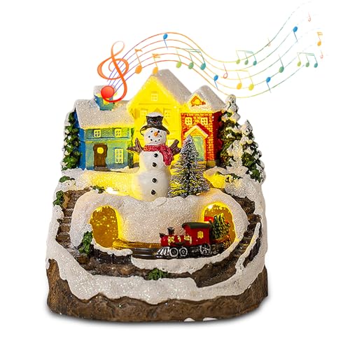 Weihnachtsdorf Mit Beleuchtung, Weihnachtsdorf mit Musik, Weihnachtsdorf Figuren LED Lichter Kleiner Zug, Dekorative Weihnachtshäuser, für Weihnachtsfeiern Und Heimdekorationen (Weihnachtsschneemann) von Dechoga