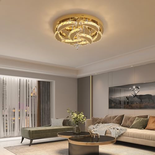 Deckrico Kristalllüster 50CM Gold Deckenleuchte Moderne Flush Mount Hängeleuchte für Esszimmer Wohnzimmer Schlafzimmer, Variable Licht von Deckrico