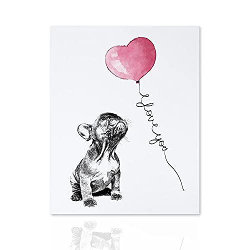 Declea Home Decor Modernes Bild, Bulldogge, mit Herzballon, Glamour, moderner Druck, fertig zum Aufhängen, mit handgefertigtem Holzrahmen von Declea Home Decor