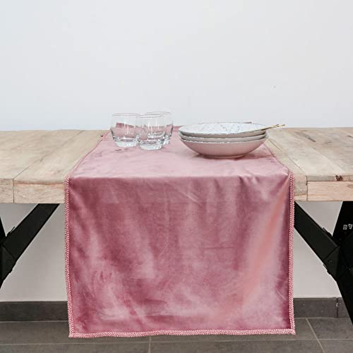 Tischläufer aus Samt mit bestickter Bordüre, rechteckiger Tischläufer aus Samt, Tischsets, Tischdekoration, Altrosa, 150 x 45 cm von Declea Home Decor