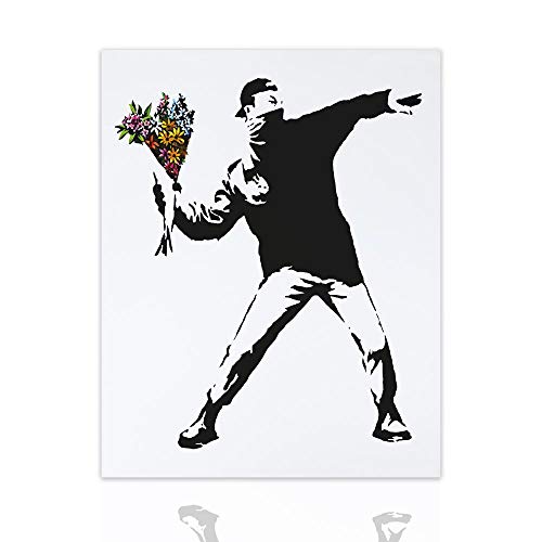 Declea FLOWER-THROWER-40X60 Modernes Bild auf Leinwand Flower Thrower Banksy Canvas Guerrilla Art, Weiß/Schwarz, 40 x 60 cm von Declea