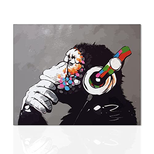 Modernes Bild DJ Monkey Banksy, fertig zum Aufhängen, Banksy Tribute, Leinwand, moderne Kunst, handgefertigter Holzrahmen von Declea