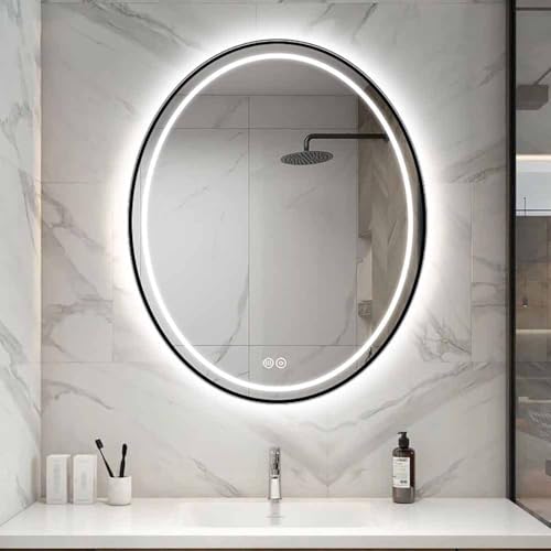 Decmiroor 100cm Badezimmer Schminkspiegel mit Licht 3 Lichtfarbe LED Badspiegel 70/80/90cm Oval Wandspiegel Goldrahmen Hängespiegel Anti-Beschlag Badezimmerspiegel(Black,20 * 28inch) von Decmiroor