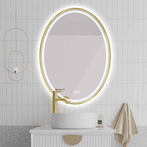 Decmiroor 100cm Badezimmer Schminkspiegel mit Licht 3 Lichtfarbe LED Badspiegel 70/80/90cm Oval Wandspiegel Goldrahmen Hängespiegel Anti-Beschlag Badezimmerspiegel(Gold,24 * 32inch) von Decmiroor