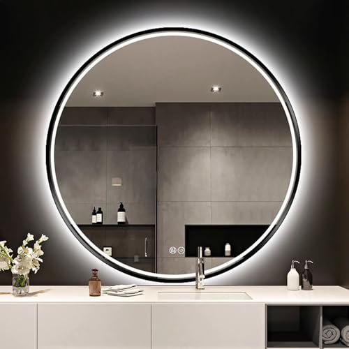 Decmiroor 100cm Goldrahmen Rundspiegel mit LED Beleuchtung 3 Lichtfarbe Badspiegel 60cm Runder Wandspiegel 80cm Beschlagfrei Dekospiegel mit Touchschalter(Black,28"/70cm) von Decmiroor