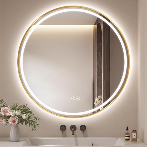 Decmiroor 100cm Goldrahmen Rundspiegel mit LED Beleuchtung 3 Lichtfarbe Badspiegel 60cm Runder Wandspiegel 80cm Beschlagfrei Dekospiegel mit Touchschalter(Gold,32"/80cm) von Decmiroor