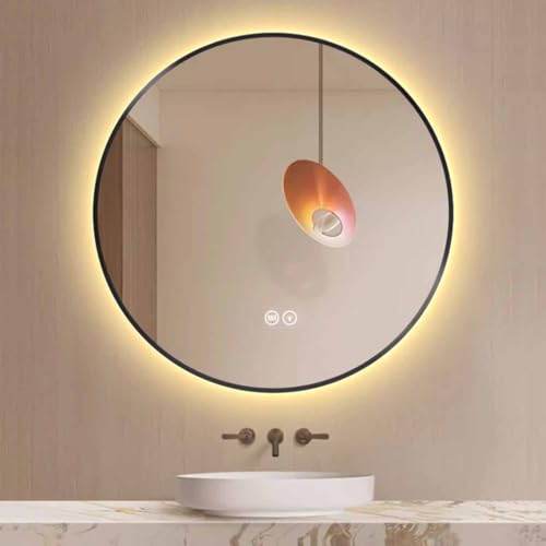 Decmiroor 100cm Groß Rundspiegel mit LED Beleuchtung 70cm Dekorative Badspiegel mit Rahmen Schwarz 3 Lichtfarbe Dimmbar Schminkspiegel Beschlagfrei Wandspiegel(Backlit,36in/90cm) von Decmiroor