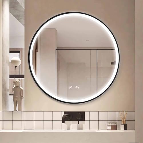 Decmiroor 100cm Groß Rundspiegel mit LED Beleuchtung 70cm Dekorative Badspiegel mit Rahmen Schwarz 3 Lichtfarbe Dimmbar Schminkspiegel Beschlagfrei Wandspiegel(Frontlit,36in/90cm) von Decmiroor