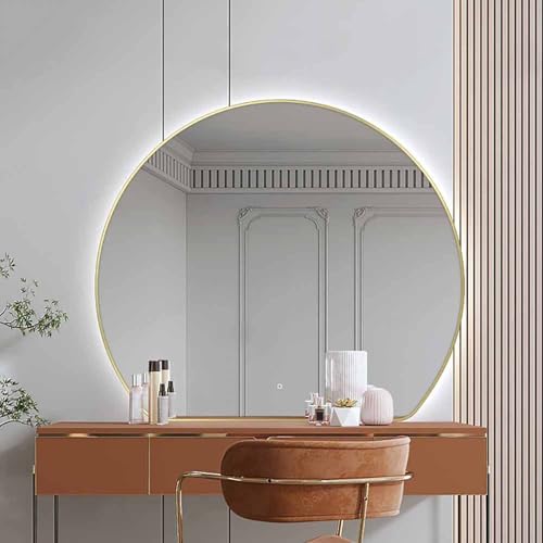 Decmiroor 100cm Halbrunder Wand Badezimmerspiegel mit Beleuchtung, 60cm Beschlagfrei Spiegel 3 Lichtfarbe Einstellbar Kosmetikspiegel 90cm Goldrahmen Dekospiegel(Backlit,32"x28") von Decmiroor