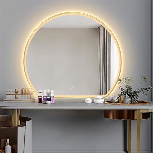 Decmiroor 100cm Halbrunder Wand Badezimmerspiegel mit Beleuchtung, 60cm Beschlagfrei Spiegel 3 Lichtfarbe Einstellbar Kosmetikspiegel 90cm Goldrahmen Dekospiegel(Frontlit,39"x36") von Decmiroor