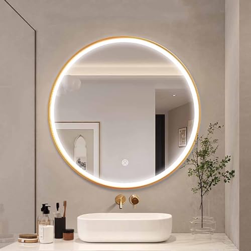 Decmiroor 110cm Groß Badezimmerspiegel mit 3 Farben Licht 70cm Rund Dimmbar Kosmetikspiegel Dekorative Runder Wandspiegel mit Metallrahmen Antibeschlag(Gold,20") von Decmiroor