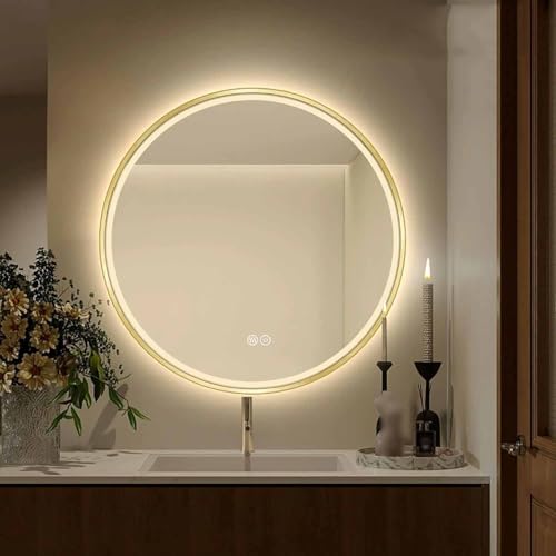 Decmiroor 3 Farben Beleuchtet Badspiegel Dimmbar LED Schminkspiegel mit Metallrahmen Rund Gold Wandspiegel Beschlagfrei für Badezimmer Waschräume Schlafzimmer(40in) von Decmiroor