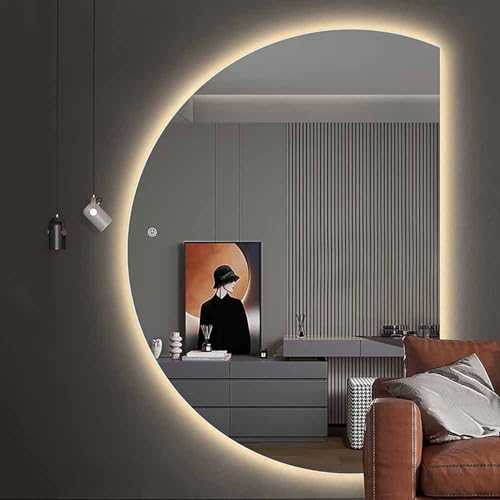 Decmiroor 3 Farben Wechselnde LED Beleuchtete Spiegel, 130 * 90cm Mode Halbrunde Spiegel Bad Dimmbar Hinterleuchteten Wandspiegel, Halbkreis Kosmetikspiegel mit Touch(Left,43x28in) von Decmiroor