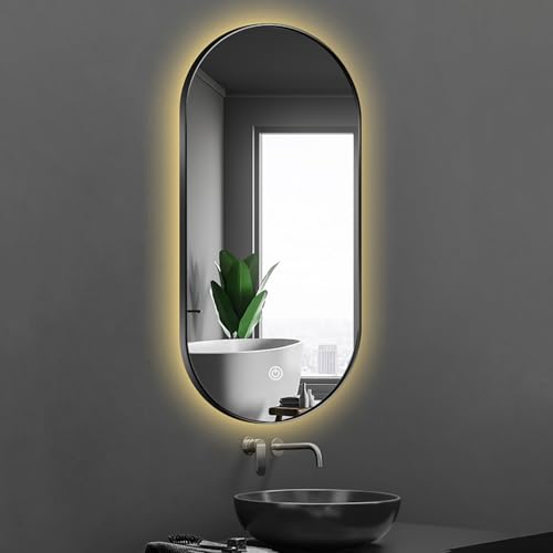 Decmiroor 3 Lichtfarbe Beleuchtet Schminkspiegel 80-130cm Bad Dimmbar Oval Wandspiegel mit Rahmen Schwarz Beschlagfrei Badezimmerspiegel mit Touch-Schalter(Back Light,32"x20") von Decmiroor