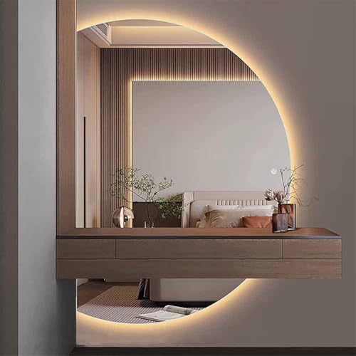Decmiroor 3 Lichtfarbe Groß Halbrunder Badspiegel 120/130cm Rahmenlos Wandspiegel mit Beleuchtung Dimmbar, LED Antibeschlag Spiegel mit Touch-Schalter Wandmontage Halbmond Ganzkörperspiegel(Cut left,3 von Decmiroor