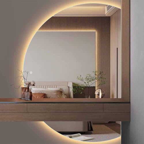 Decmiroor 3 Lichtfarbe Groß Halbrunder Badspiegel 120/130cm Rahmenlos Wandspiegel mit Beleuchtung Dimmbar, LED Antibeschlag Spiegel mit Touch-Schalter Wandmontage Halbmond Ganzkörperspiegel(Cut right, von Decmiroor
