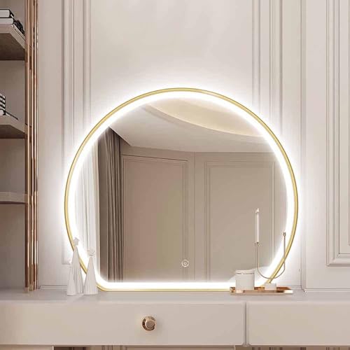 Decmiroor 3 Lichtfarbe Halbrunder Badspiegel 50-100cm Gold Wandspiegel LED Kosmetikspiegel mit Beleuchtung Dimmbar, Antibeschlag, Touch-Schalter(Dia 70cm) von Decmiroor