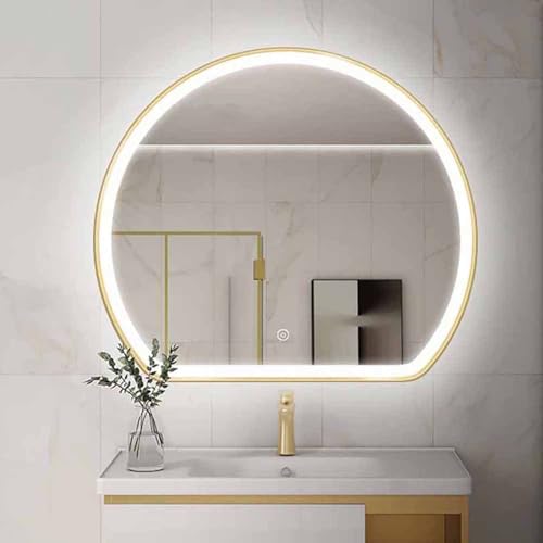 Decmiroor 3 Lichtfarbe Halbrunder Wandspiegel 50 60 70 80 90 100cm, Dimmbar Beschlagfrei Gold Kosmetikspiegel mit Touchschalter, Aluminiumrahmen(35.4x32.3 inch) von Decmiroor