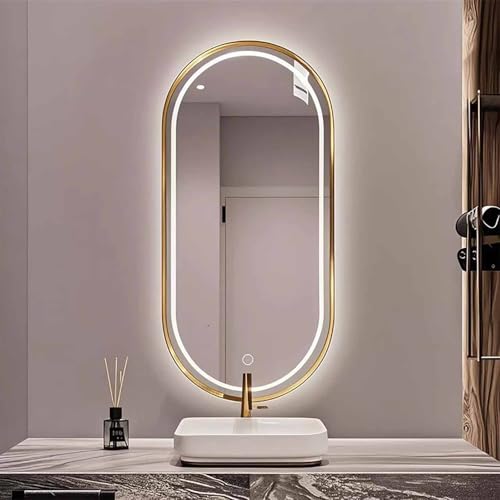 Decmiroor 60 * 90cm Beleuchtet Wandspiegel Bad Dimmbar Schminkspiegel 3 Lichtfarbe 80 * 130cm Oval Ganzkörperspiegel mit Metallrahmen Antibeschlag Wasserdicht(Gold,36 * 24inch) von Decmiroor