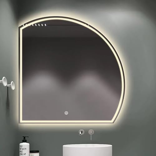 Decmiroor 70CM Halbrunder Wandspiegel 90CM Dimmbar LED-Badezimmerspiegel, 110CM HD Kosmetikspiegel, 3 Lichtfarbe Anti-Beschlag Dekorativer Spiegel für Bad(Cut Left,40"x40") von Decmiroor