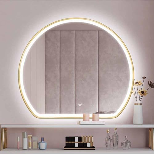 Decmiroor 70cm Halbrunder Schminkspiegel 90cm Goldrahmen Badspiegel mit Beleuchtung 100cm Unregelmäßiger Beschlagfrei Wandspiegel mit Touchschalter(70x62cm) von Decmiroor