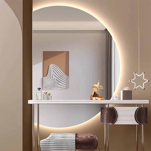 Decmiroor 70x110cm 80x120cm 90x130cm Halbrunder Beleuchteter Spiegel, LED-Badezimmerspiegel, Rahmenlos Beschlagfrei Wandspiegel, 3 Farben Dimmbar(Right Half,47") von Decmiroor