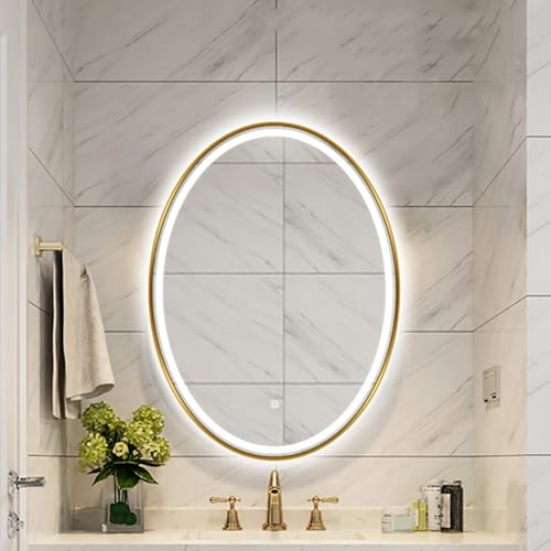 Decmiroor 75x100cm Badspiegel LED Wandspiegel Gold Kosmetikspiegel mit Beleuchtung Antibeschlag Badezimmerspiegel 3 Lichtfarbe Einstellbar Dekospiegel Metallrahmen(Frontlit,40x60cm/16 x24) von Decmiroor