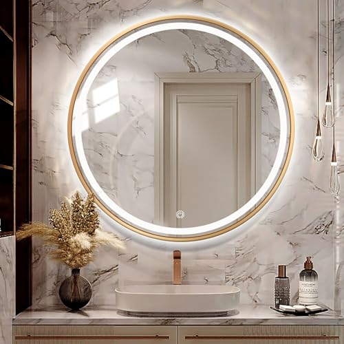 Decmiroor 80cm Runder Schminkspiegel Bad mit Dimmbar LED Beleuchtung 90cm Rund Goldrahmen Badspiegel 50cm Antibeschlag Kosmetikspiegel mit Touch-Schalter ﻿(28in) von Decmiroor