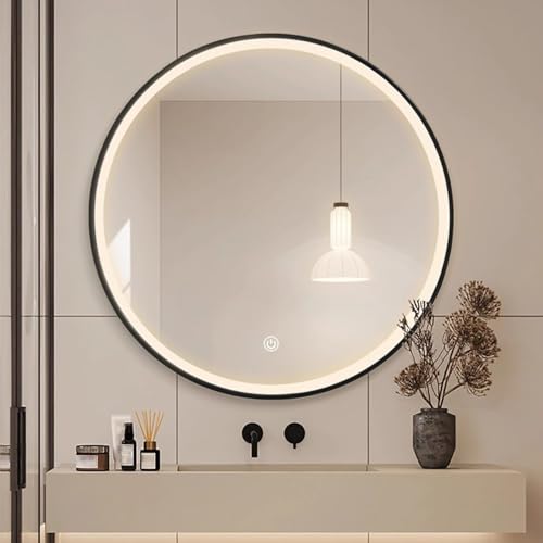Decmiroor 90cm Runder LED Wandspiegel für Bad 80cm Dimmbar Beleuchtet Kosmetikspiegel 100cm Antibeschlag Rundspiegel mit Touchschalter Rahmen Schwarz(Black,36"/90cm) von Decmiroor