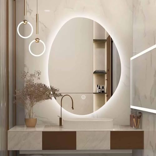 Decmiroor Asymmetrischer LED Badspiegel Beleuchteter Spiegel 3 Lichtfarbe Dimmbar Kosmetikspiegel Oval Unregelmäßiger Wandspiegel mit Touch-Schalter, Antibeschlag(75 * 100cm) von Decmiroor