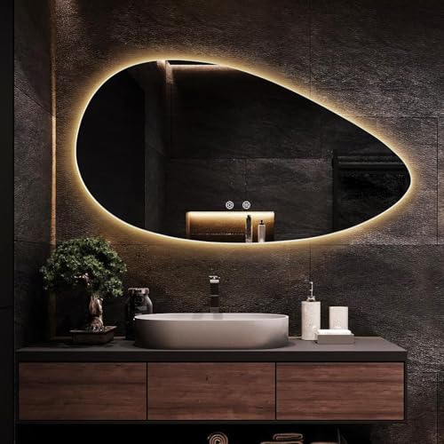 Decmiroor Asymmetrischer Oval Wandspiegel 120 * 75 cm LED Schminkspiegel Bad Dimmbar Beleuchtung Unregelmäßiger Spiegel 3 Farben Hinterleuchteten Dekospiegel(100 * 60cm(39.4 * 23.6in)) von Decmiroor