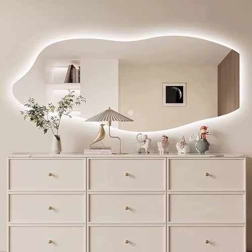 Decmiroor Asymmetrischer Wandspiegel Hinterleuchteten LED Badspiegel Beleuchteter Kosmetikspiegel Unregelmäßiger nlos Dekospiegel mit 3 Farben Dimmbar Antibeschlag(Rightcut,100cm/39in) von Decmiroor
