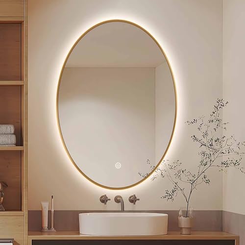 Decmiroor Badezimmer LED Spiegel 90x70cm Oval Schminkspiegel mit Beleuchtung 3 Lichtfarbe Dimmbar Gold Wandspiegel Badezimmerspiegel Beschlagfrei Toilettenspiegel(Gold,16"x24") von Decmiroor