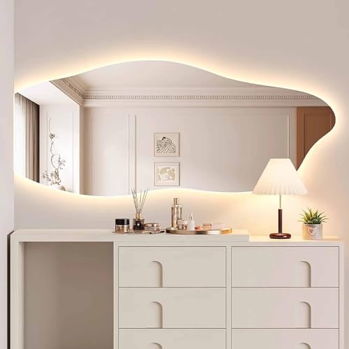 Decmiroor Badspiegel 120 * 60 cm Asymmetrischer Spiegel mit Beleuchtung LED Schminkspiegel Rahmenlos Dekowandspiegel 3 Lichtfarbe Einstellbar Antibeschlag(Left-Cut,47.2"*23.6"/120 * 60cm) von Decmiroor
