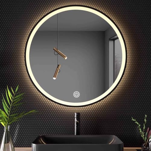 Decmiroor Badspiegel Rund mit Beleuchtung 80cm Gold Kosmetikspiegel 60cm LED Spiegel 100cm Runder Wandspiegel mit 3 Lichtfarbe Dimmbar Beleuchtung(Black,40") von Decmiroor