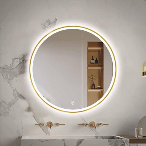 Decmiroor Badspiegel Rund mit Beleuchtung 80cm Gold Kosmetikspiegel 60cm LED Spiegel 100cm Runder Wandspiegel mit 3 Lichtfarbe Dimmbar Beleuchtung(Gold,36") von Decmiroor