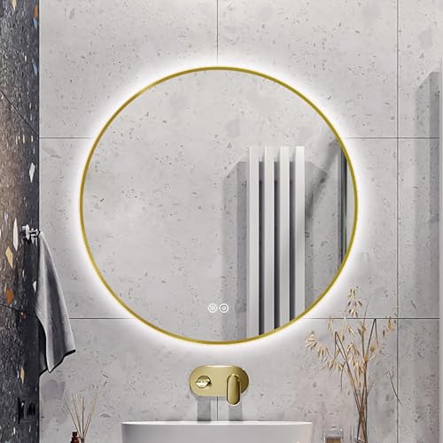 Decmiroor Badspiegel Runder LED Beleuchtet Wandspiegel 50 60 70 80 90 100cm Goldrahmen Rundspiegel 3 Lichtfarbe Kosmetikspiegel mit Touch-Schalter Beschlagfrei(Backlight,32") von Decmiroor