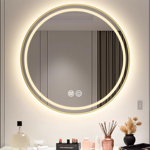 Decmiroor Badspiegel Runder LED Beleuchtet Wandspiegel 50 60 70 80 90 100cm Goldrahmen Rundspiegel 3 Lichtfarbe Kosmetikspiegel mit Touch-Schalter Beschlagfrei(Frontlit,36") von Decmiroor