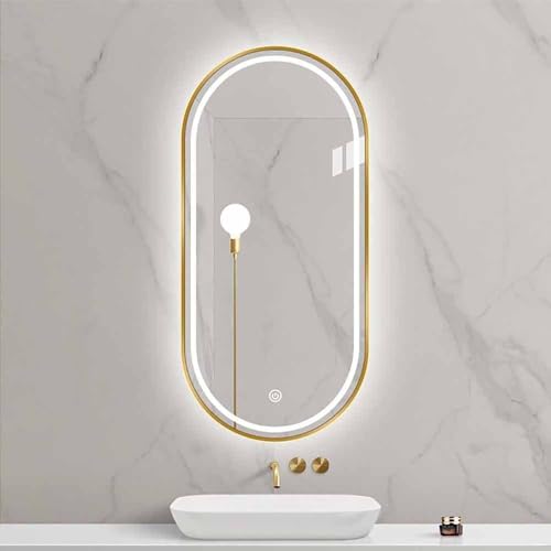 Decmiroor Beleuchtet Badspiegel 80/90CM 3 Lichtfarbe Schminkspiegel mit Led Licht 120/130CM Oval Dekospiegel Dimmbar Antibeschlag mit Touchschalter Aluminiumrahmen(Gold,40 * 24inch) von Decmiroor