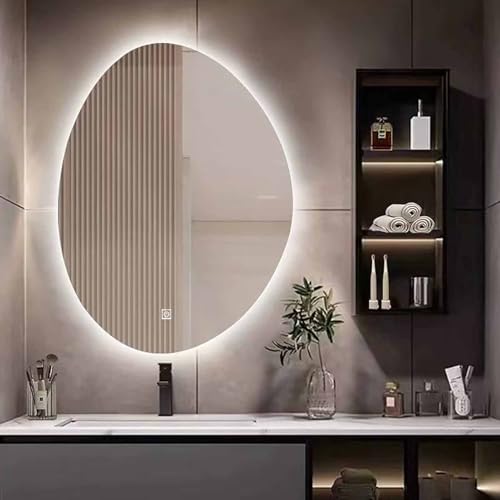 Decmiroor Dimmbarer LED Schminkspiegel Unregelmäßiger Oval Badspiegel 60 x 80 cm Intelligenter Kosmetikspiegel 3 Farben Beleuchtet Asymmetrischer Dekospiegel(29.5" Wx39.4 L) von Decmiroor