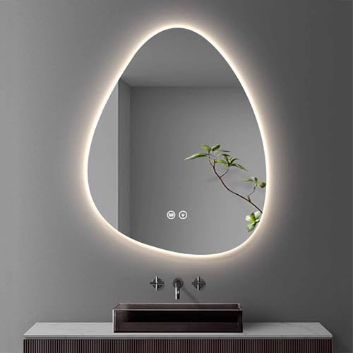 Decmiroor Dimmbarer LED-Spiegel 80/90/100cm Unregelmäßiger Beleuchtet Spiegel Intelligenter Schminkspiegel Dimmbar Beschlagfrei Moderner Asymmetrischer Badspiegel(100x75cm) von Decmiroor