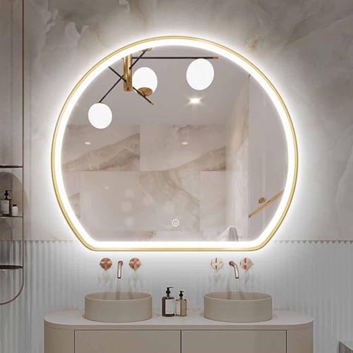 Decmiroor Gold Badspiegel mit Beleuchtung 50-100 cm, Spiegel Halbrunder mit Metallrahmen, Entfoggen, 3 Lichtfarbe Dimmbar Kosmetikspiegel für Kommode(70x62cm) von Decmiroor