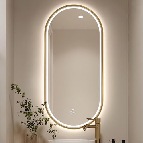 Decmiroor Gold Badspiegel mit Beleuchtung 80-130cm Oval Ankleidespiegel Beschlagfrei Wasserdicht Wandspiegel Bad Dimmbar Schminkspiegel mit Metallrahmen(51"x32") von Decmiroor
