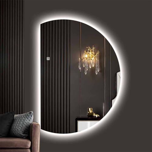 Decmiroor Halbrunder Badezimmerspiegel, 3 Farben Dimmbar Kosmetikspiegel, Anti-Beschlag HD Wandspiegel, 130x90cm, 120x80cm Halbmond Ankleidespiegel, Explosionsgeschützt(Leftcut,39" Lx28 W) von Decmiroor