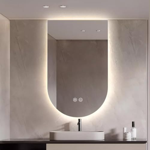 Decmiroor LED Badezimmerspiegel 70 * 120cm Bogen LED Wandspiegel 3000-6000K Dimmbar Lichtspiegel Intelligent Schminkspiegel mit Hinterleuchteten und Entfoggen(Upside down,24x36inch) von Decmiroor