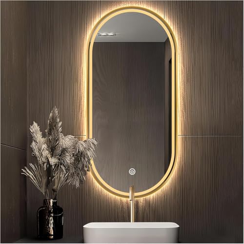 Decmiroor LED Badspiegel Ovalspiegel 100/120/130CM Dimmbar Beleuchtet Schminkspiegel Goldrahmen Wandspiegel Beschlagfrei für Ankleidezimmer Waschtisch(Frontlit,32 * 20inch) von Decmiroor