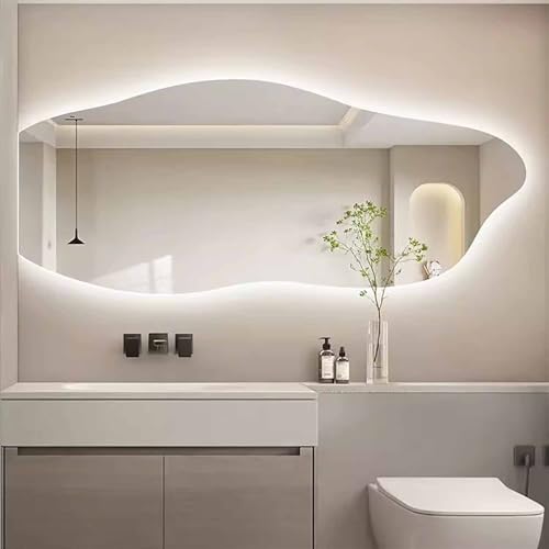 Decmiroor LED Beleuchtet Spiegel 100 * 60 cm Asymmetrischer Schminkspiegel mit Licht 3 Lichtfarbe Beschlagfrei Wandspiegel Bad Dimmbar Spiegel mit Touchschalter(Cut Left,100 * 60cm) von Decmiroor