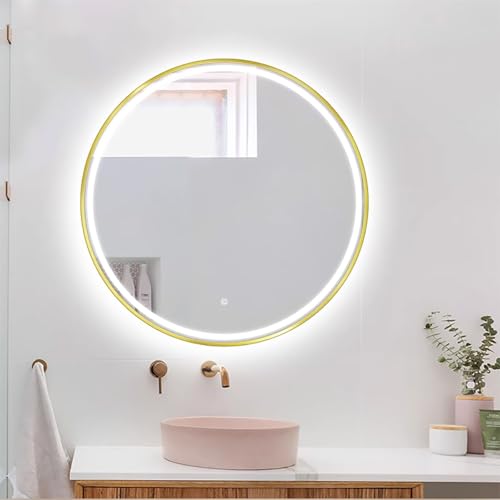 Decmiroor LED Rundspiegel 90cm Beleuchtet Badspiegel 110cm Goldrahmen Runder Wandspiegel 60cm Dimmbar Schminkspiegel mit 3 Lichtfarbe Licht Beschlagfrei Wasserdicht(Front Light,36") von Decmiroor