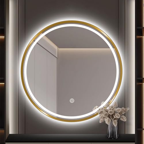 Decmiroor LED Schminkspiegel mit Licht 3 Farben Dimmbar Bad-Wandspiegel Rund 50-110cm Intelligent Badspiegel Beschlagfrei Runder Goldrahmen Dekospiegel(Frontlit,20") von Decmiroor