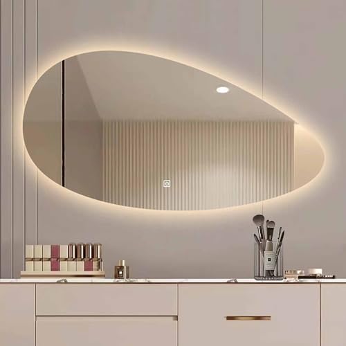 Decmiroor LED Spiegel Bad Unregelmäßiger Wandspiegel mit Beleuchtung Asymmetrisch Oval Kosmetikspiegel 3 Lichtfarbe Modern Toilettenspiegel mit Entfoggen(120 * 75cm) von Decmiroor